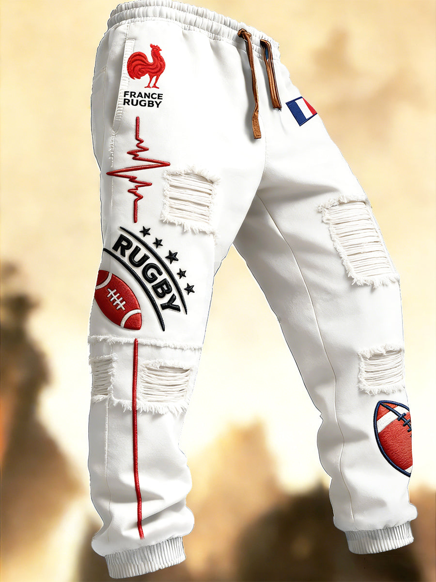 Pantalon de survêtement décontracté blanc imprimé patchwork de rugby français pour hommes