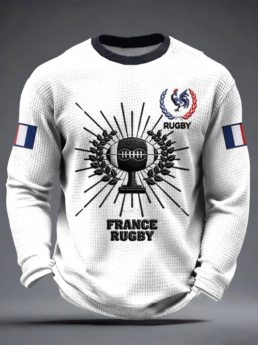 T-shirt blanc décontracté rétro à manches longues pour hommes avec imprimé coq français de rugby