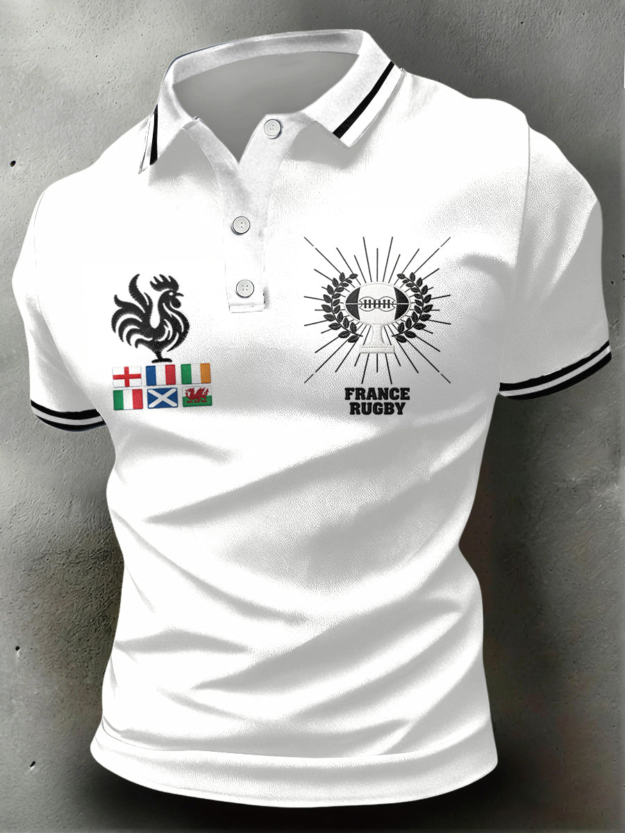 Polo décontracté minimaliste blanc pour homme, imprimé French Rugby Six Nations
