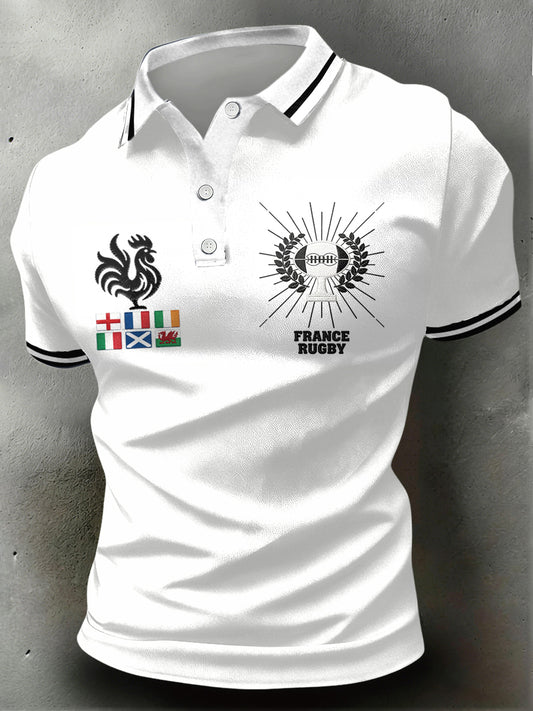 Polo décontracté minimaliste blanc pour homme, imprimé French Rugby Six Nations