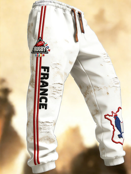 Pantalon Décontracté Homme Blanc Style Rugby Français Imprimé Détresse