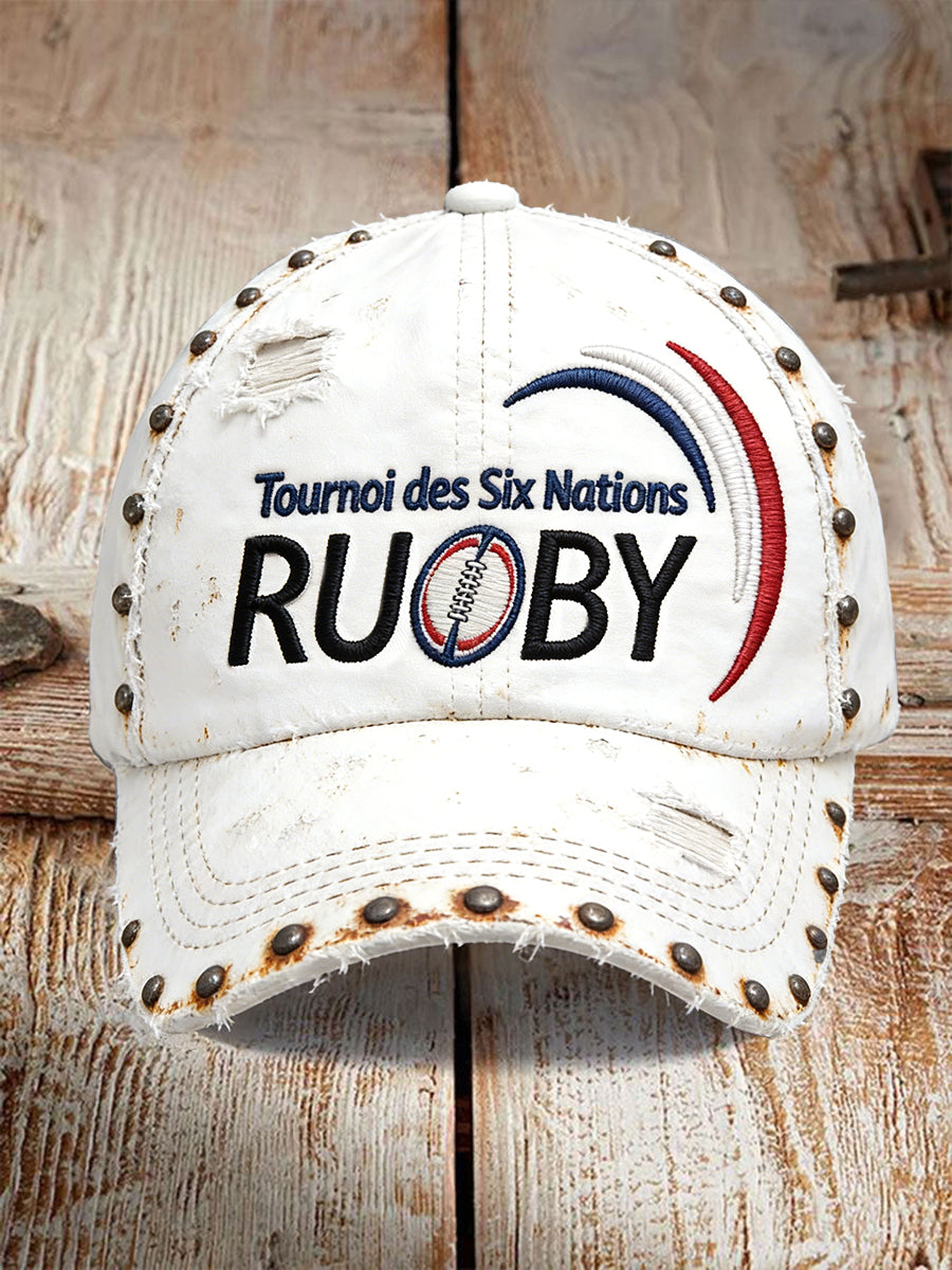 Casquette de Rugby Française Six Nations Rivet Imprimée Blanche Vintage