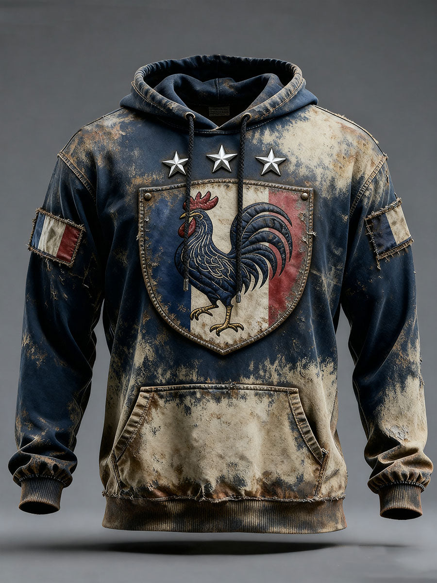 Sweat à capuche surdimensionné à épaules tombantes avec poches pour hommes, Drapeau Français Le Coq Gaulois