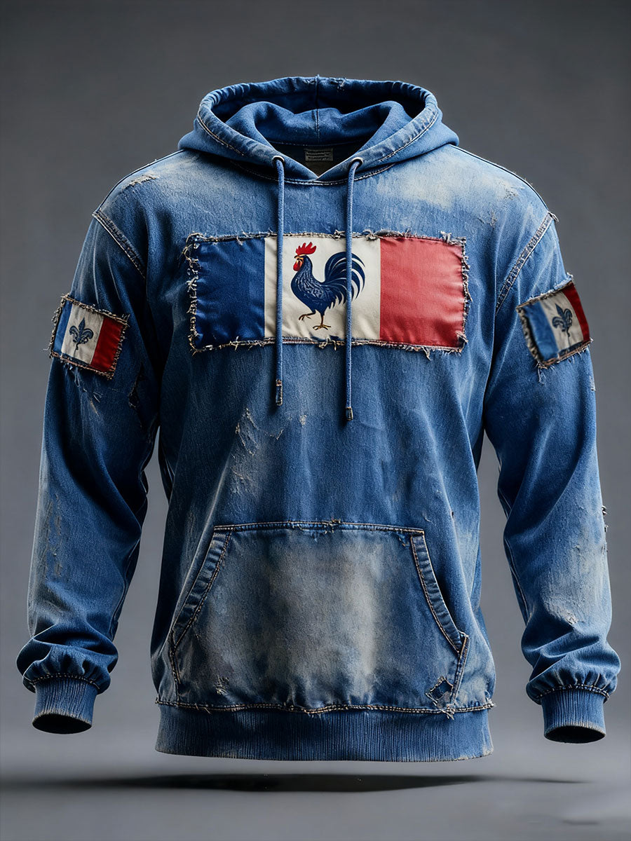 Chandail à capuchon surdimensionné avec poches Drapeau Français Le Coq Gaulois Homme