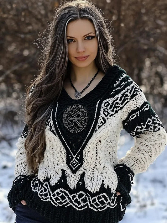 Chandail Viking Rune Knit Jacquard Col V Femme