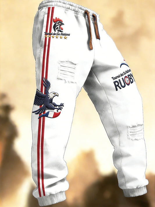 Pantalon de sport blanc à imprimé déchiré pour hommes, équipe de rugby française