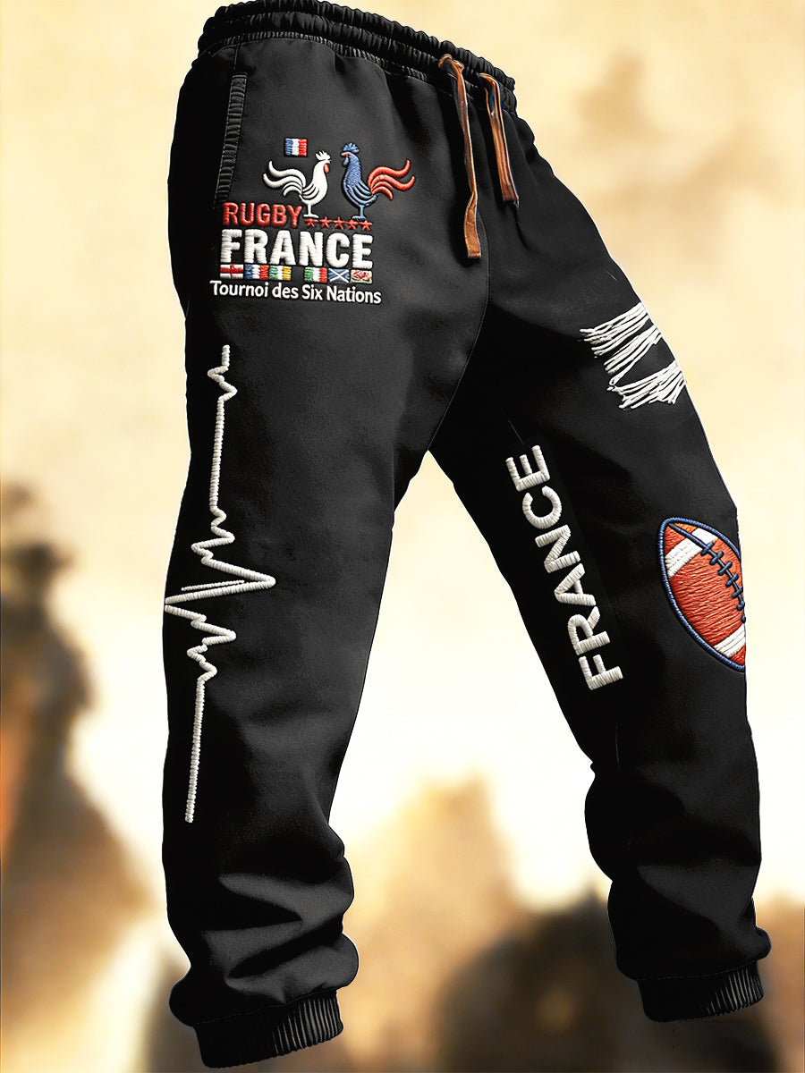 Pantalon Homme Mode Noir French Rugby Six Nations Imprimé Détresse