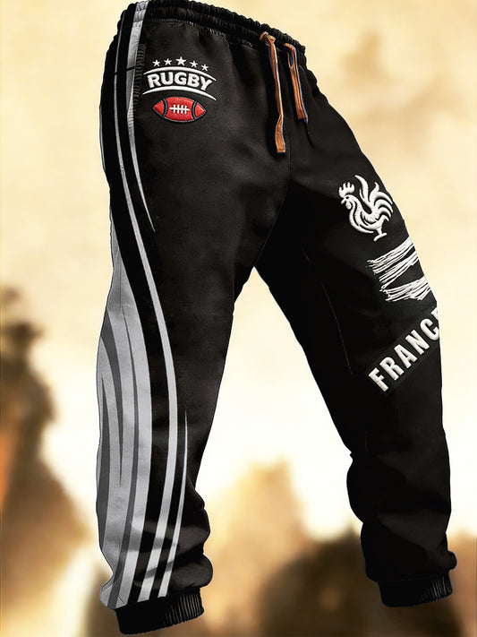 Pantalon de Sport Homme Style Rugby Français Imprimé Noir
