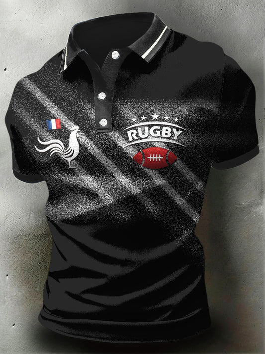 Polo en jersey décontracté noir imprimé de rugby français pour hommes