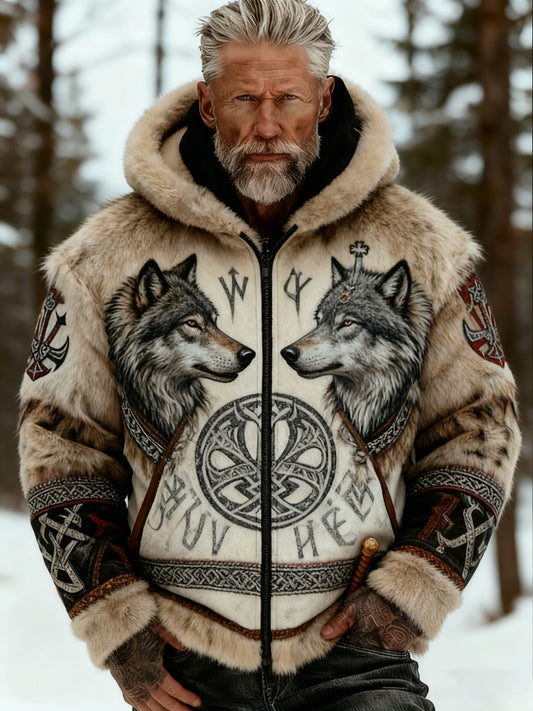 Hommes Retro Viking Wolf Totem style celtique flanelle chaud Sweat à capuche