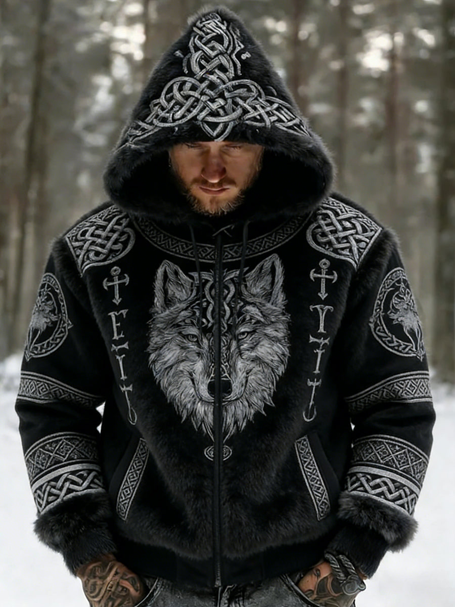 Hommes Retro Viking Wolf Totem style celtique flanelle chaud Sweat à capuche