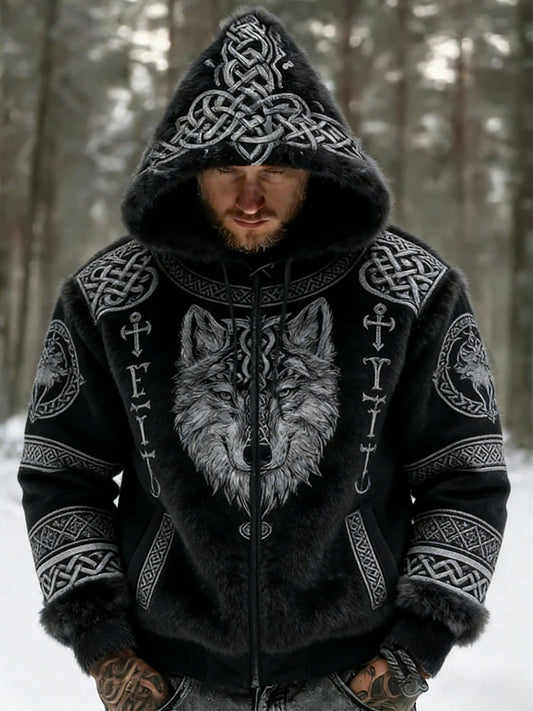 Hommes Retro Viking Wolf Totem style celtique flanelle chaud Sweat à capuche