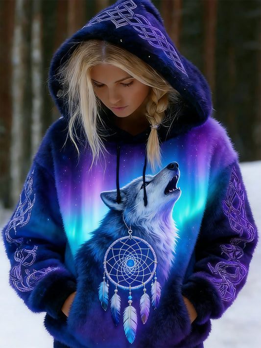 Sweat à capuche en flanelle pour femmes, style rétro viking celtique, motif aurore