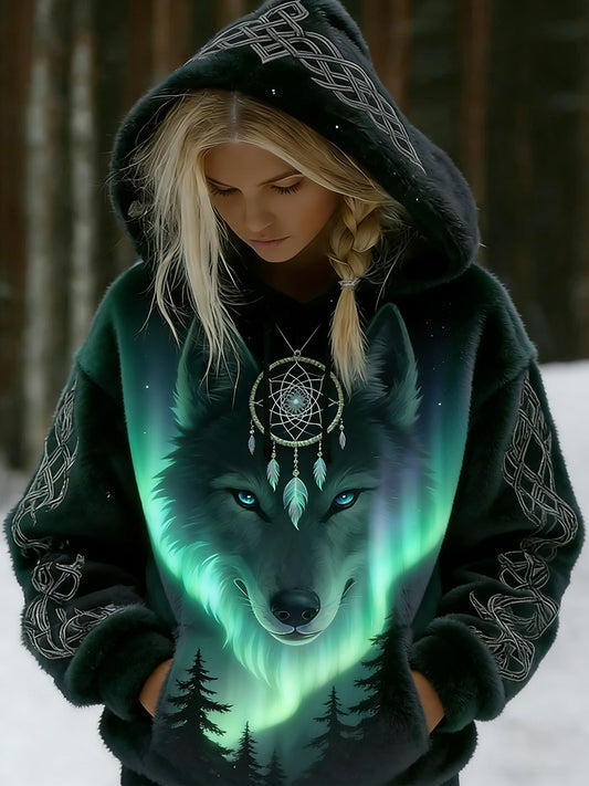 Retro Viking Celtic Style Aurora à capuche en flanelle pour femmes