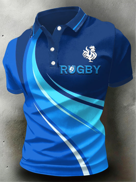 Polo Homme Bleu Imprimé Rugby Français