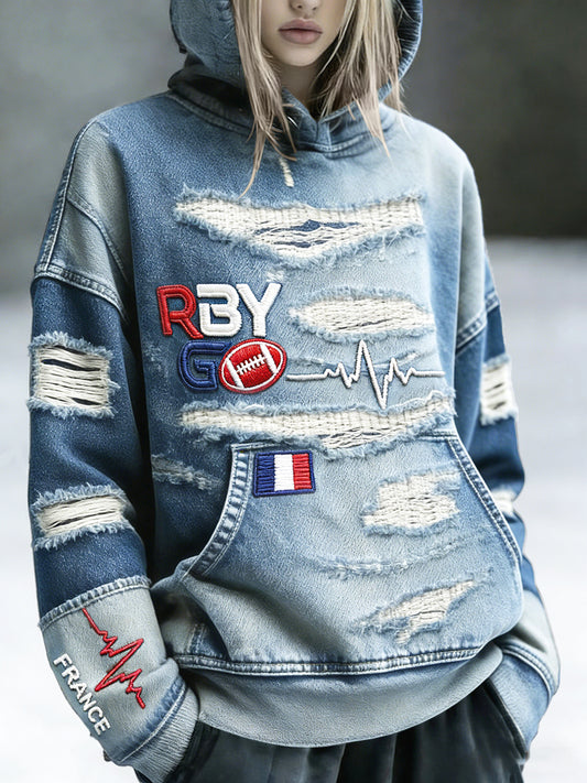 Femmes Français Rugby Imprimer Denim Distressed Imprimer Sweat à capuche décontracté