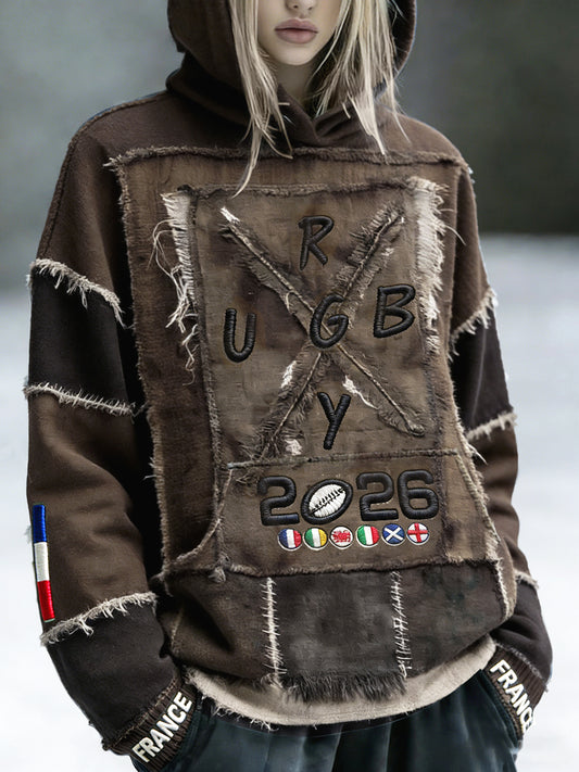 Sweat à capuche vintage pour femme France 2026 Rugby Six Nations Print