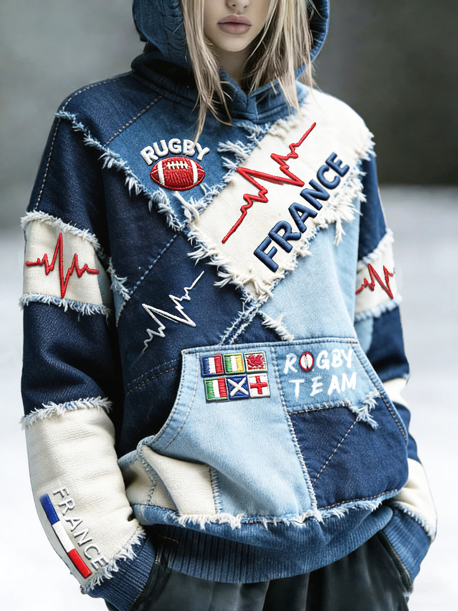Sweat à capuche décontracté imprimé patchwork en denim inspiré du rugby français pour femme