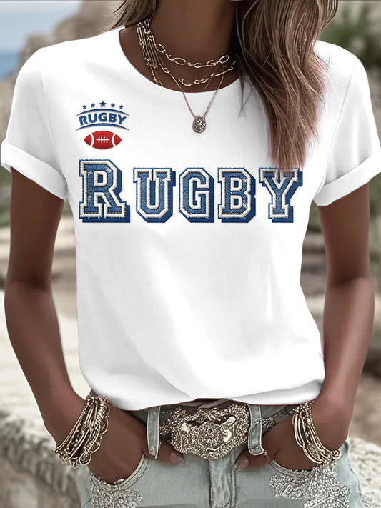 T-shirt Rugby Texte Imprimé Minimaliste Femme Blanc