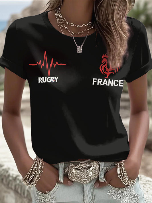 T-shirt décontracté noir imprimé rugby français pour femme