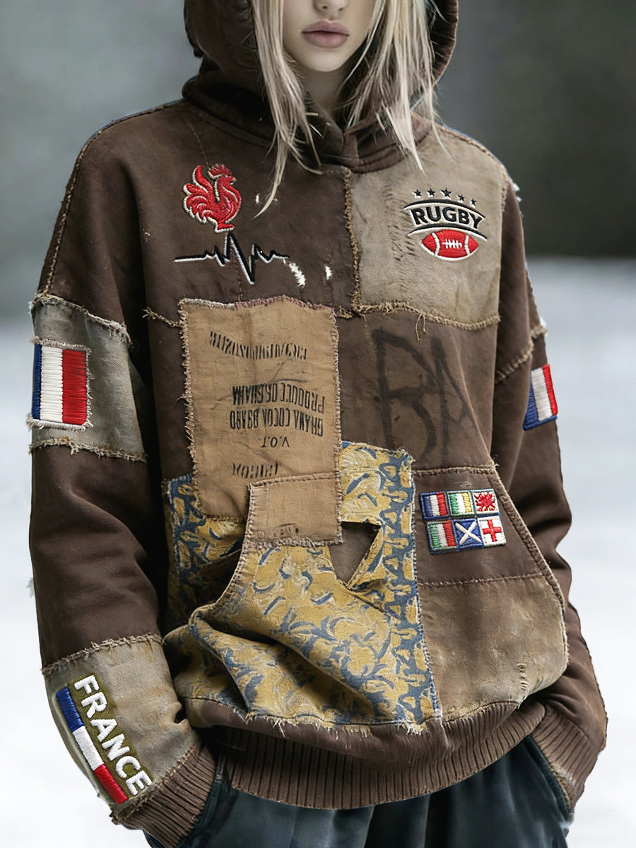 Sweat-shirt à capuche à imprimé patchwork de rugby français pour femmes