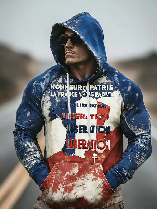 Sweat-shirt à capuche en détresse imprimé carte française pour hommes
