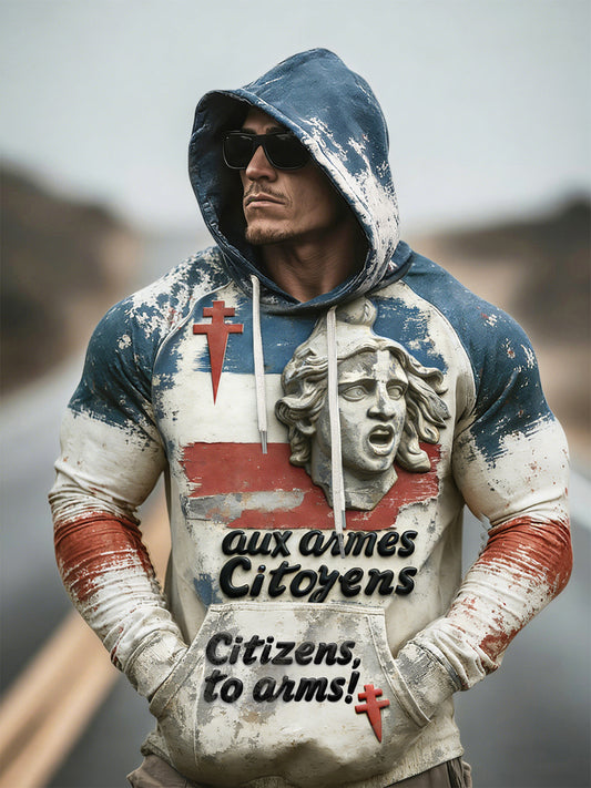 Sweat-shirt à capuche en patchwork avec imprimé vintage français pour hommes
