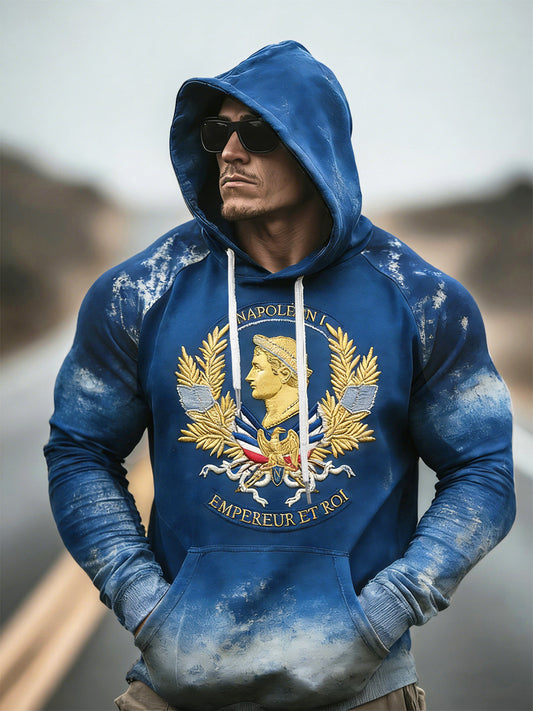 Sweat-shirt à capuche vintage bleu imprimé Napoléon français pour homme