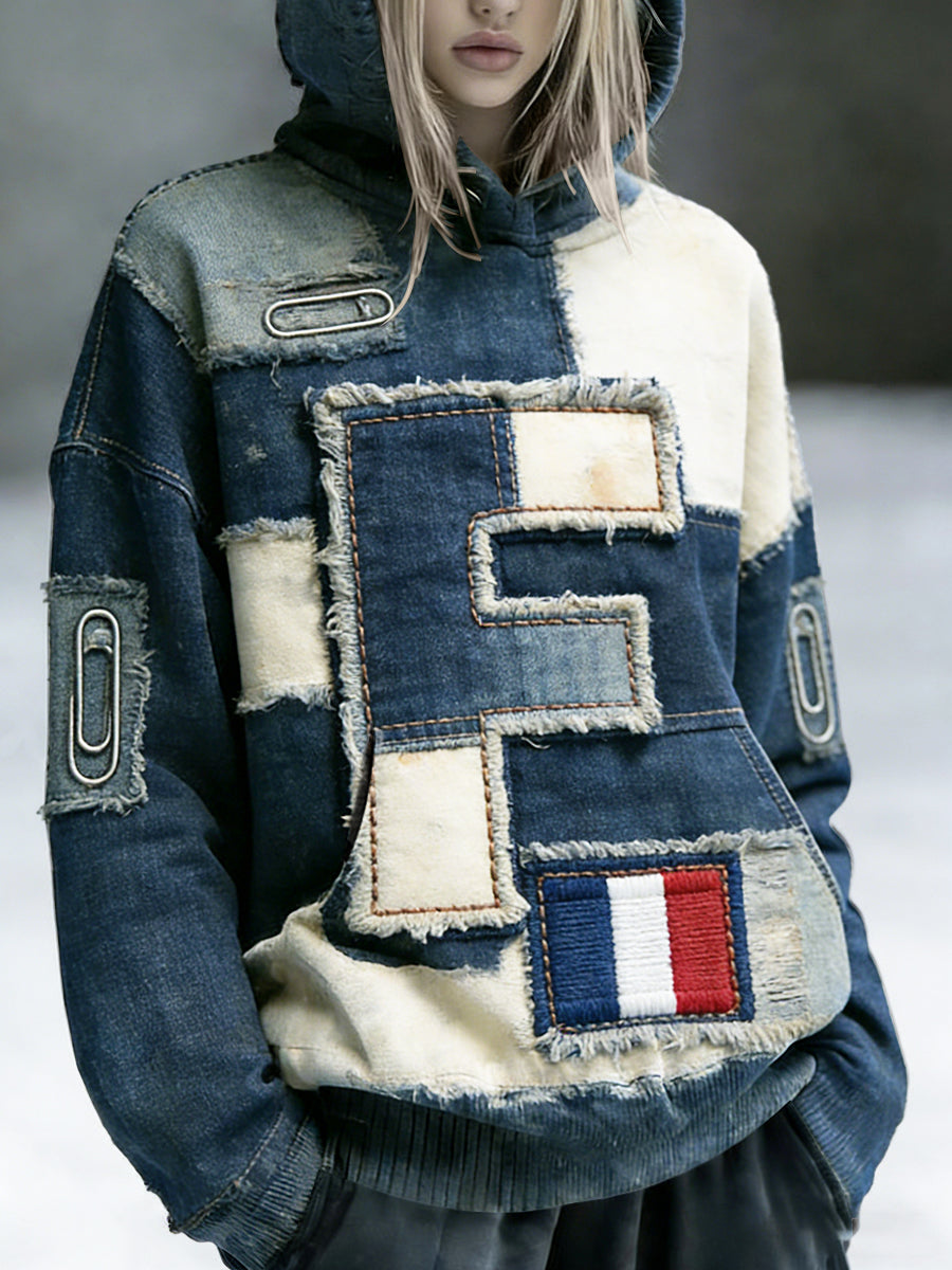 Femmes Français Initiales Design Denim Imprimer Vintage Sweat à capuche