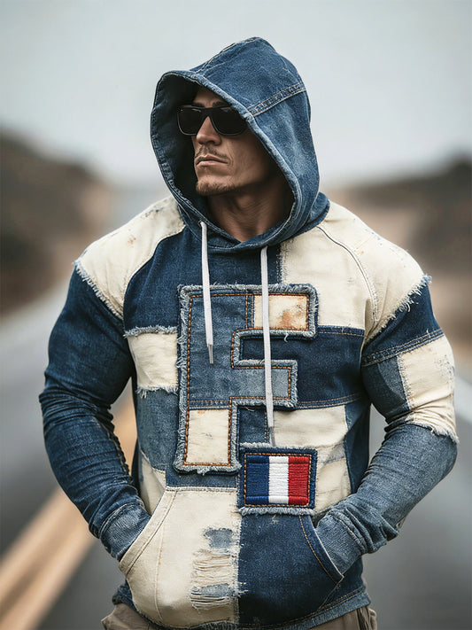 French Initials Design Denim Print Vintage Sweat à capuche pour hommes