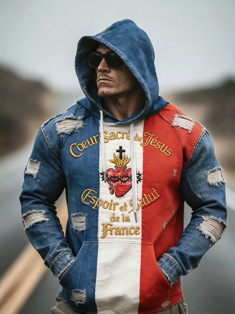 Drapeau français des hommes en détresse Denim Imprimer Patchwork Sweat à capuche