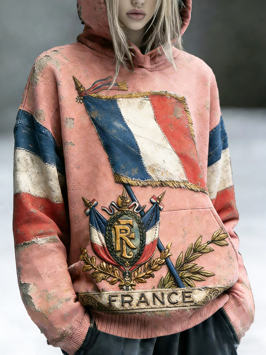 Femmes Rose Français Drapeau Patchwork Imprimer Vintage Sweat à capuche