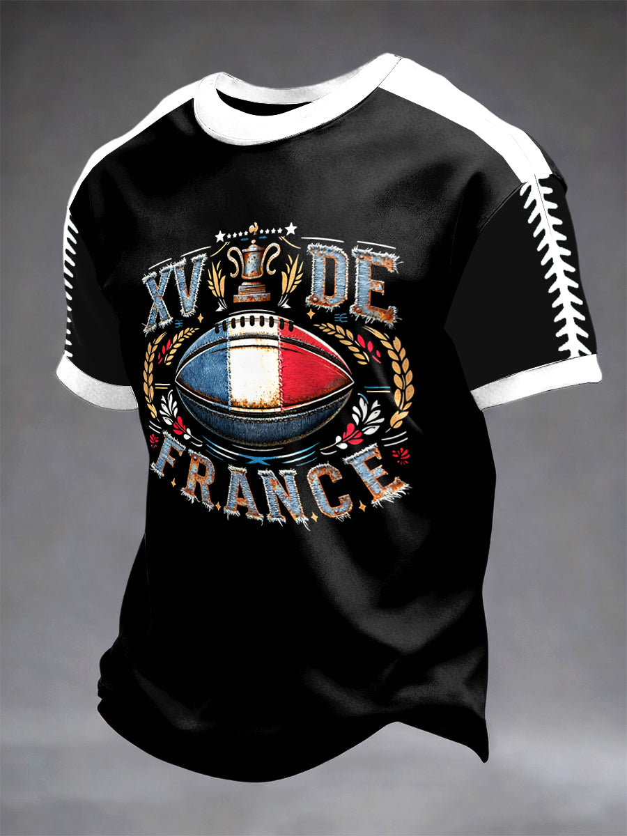 Men's French Rugby Six Nations Patchwork Print Casual T-Shirt