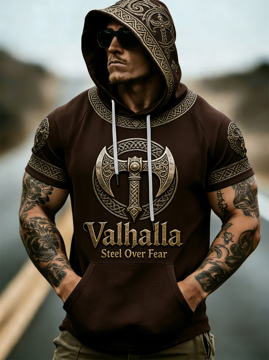 Haut à capuche à manches courtes Valhalla de style viking pour homme