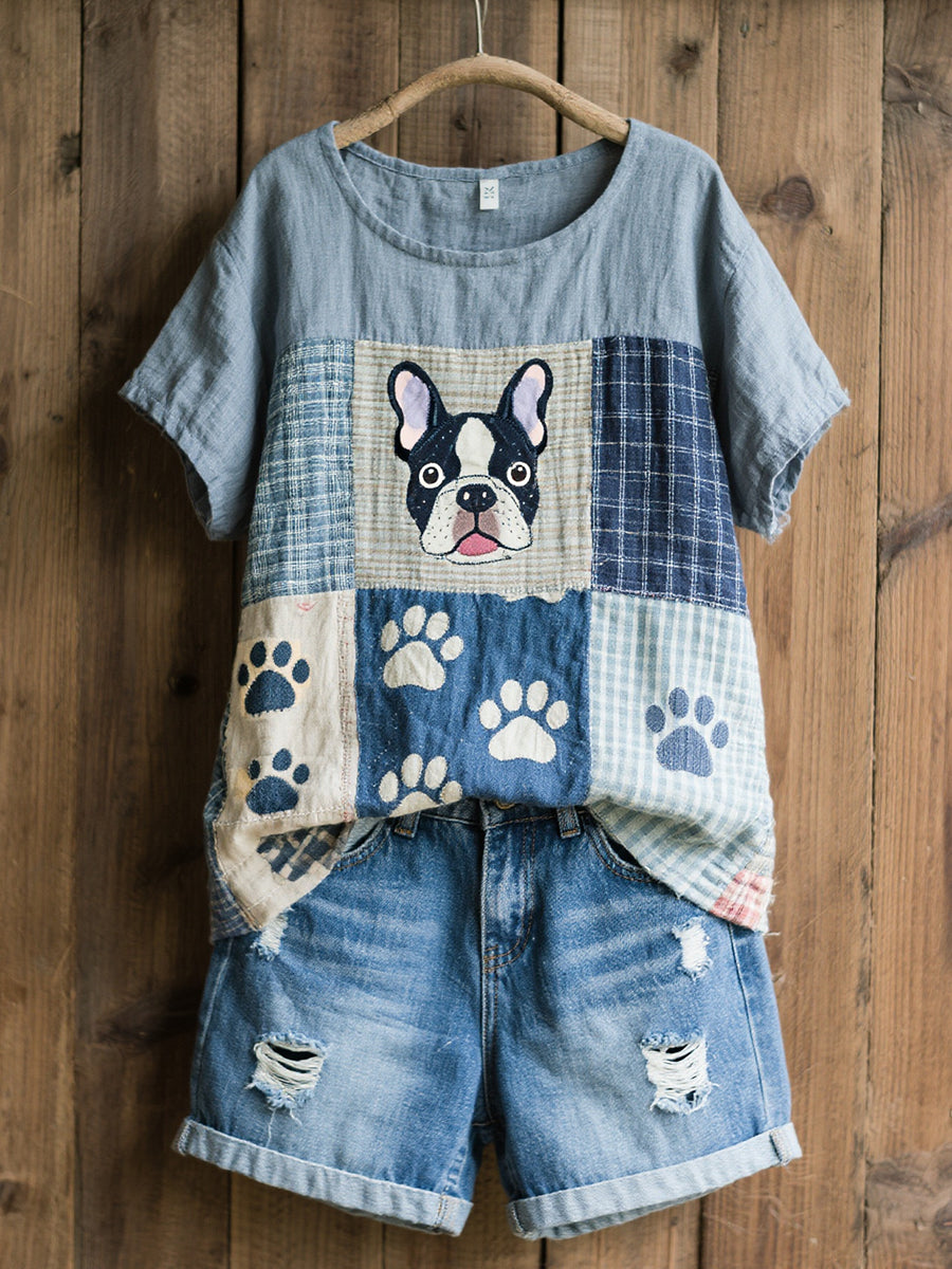 Lovely French Bulldog Pattern Patchwork Art Lin Blend Chemise pour femmes