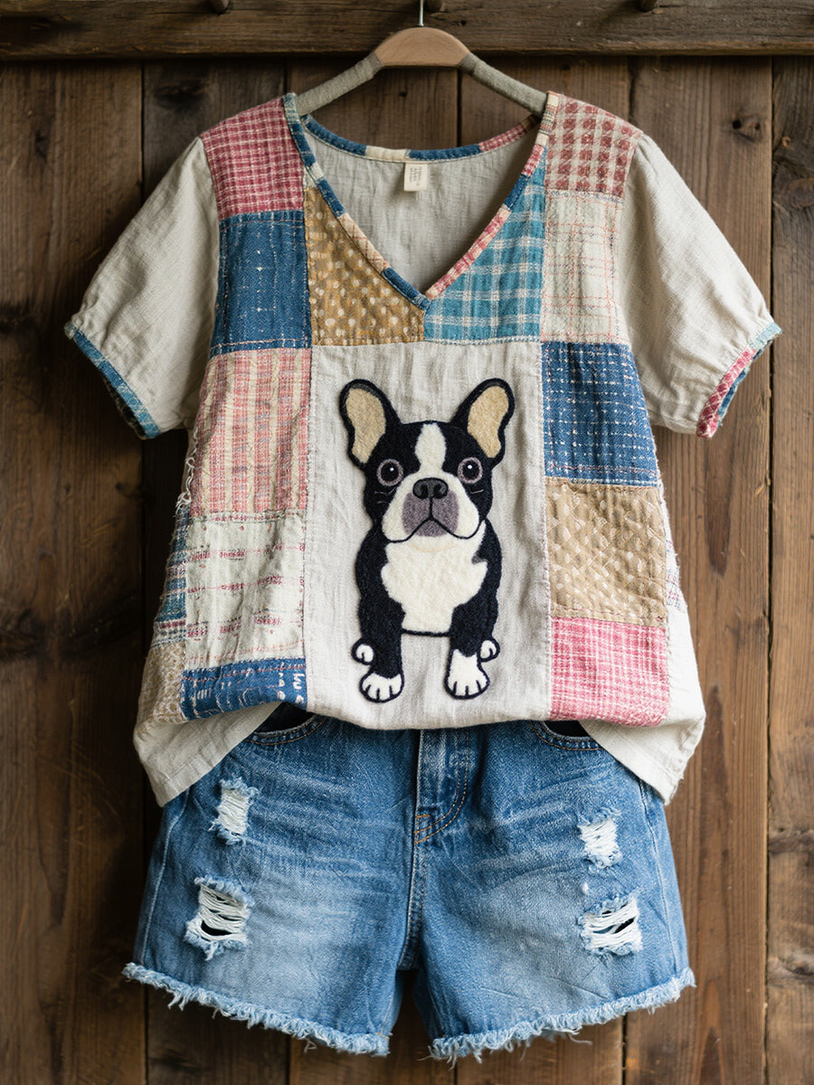 Femmes Belle Français Bulldog Motif Patchwork Art V-Neck Top