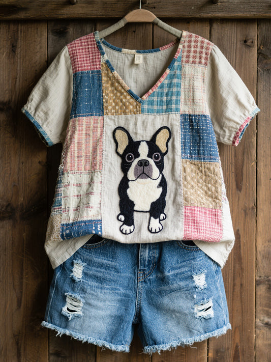 Femmes Belle Français Bulldog Motif Patchwork Art V-Neck Top