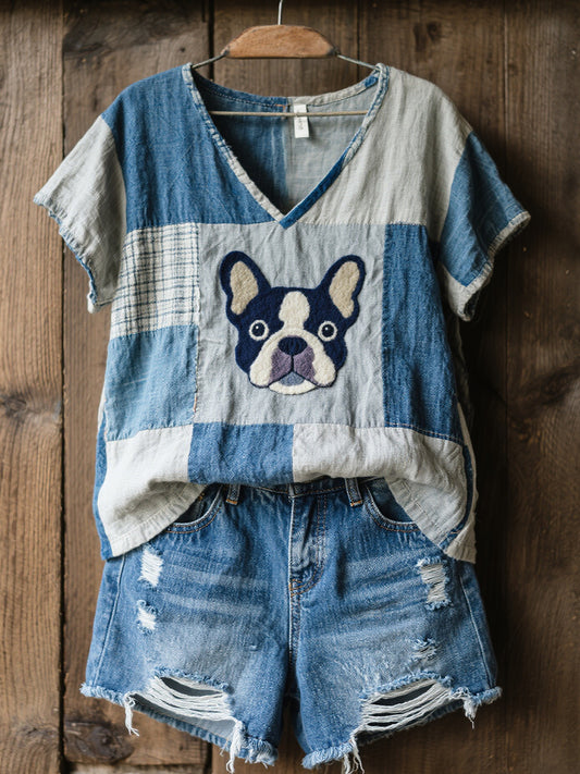 Femmes Belle Français Bulldog Motif Patchwork V-Neck Top