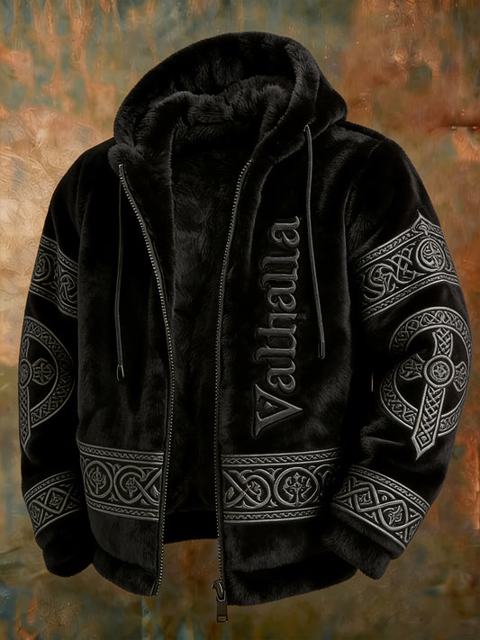 Valhalla de style viking pour hommes avec veste à capuche zippée chaude en peluche