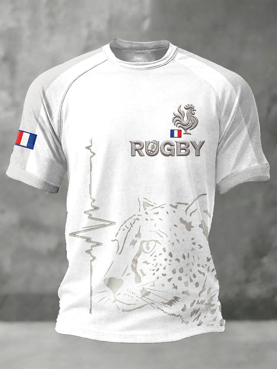 T-shirt Homme Blanc Manches Raglan Imprimé Rugby Français