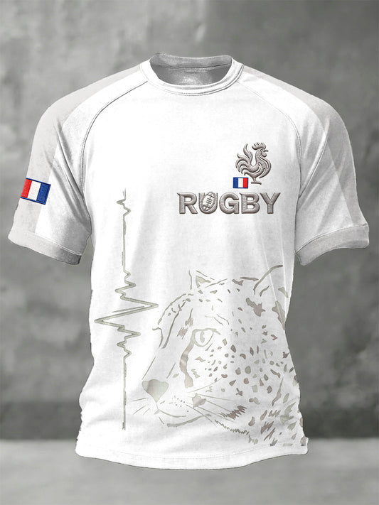 T-shirt Homme Blanc Manches Raglan Imprimé Rugby Français