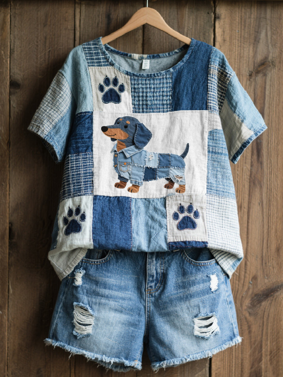 Beau motif teckel patchwork Art Top des femmes