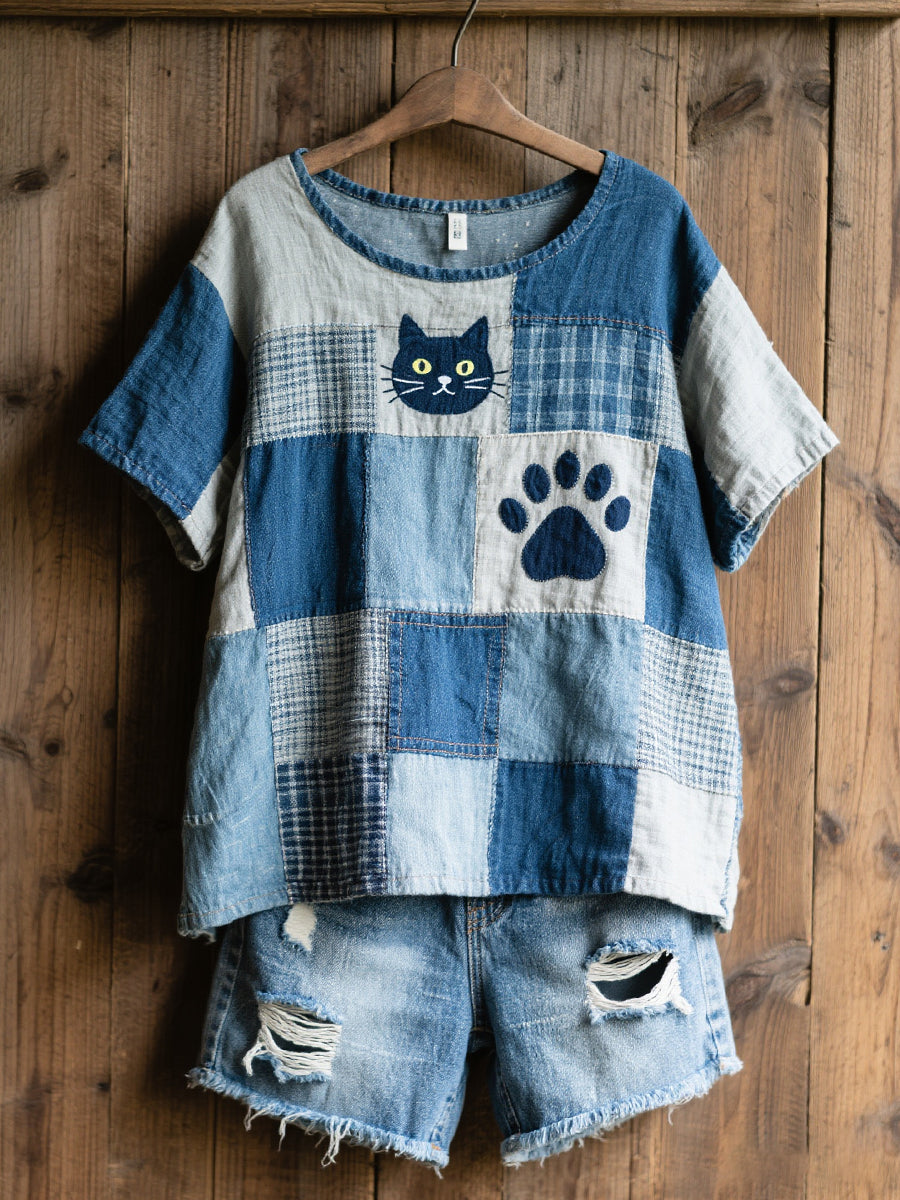 Chemise en mélange de lin à l’art du patchwork avec un joli motif de chat pour femme