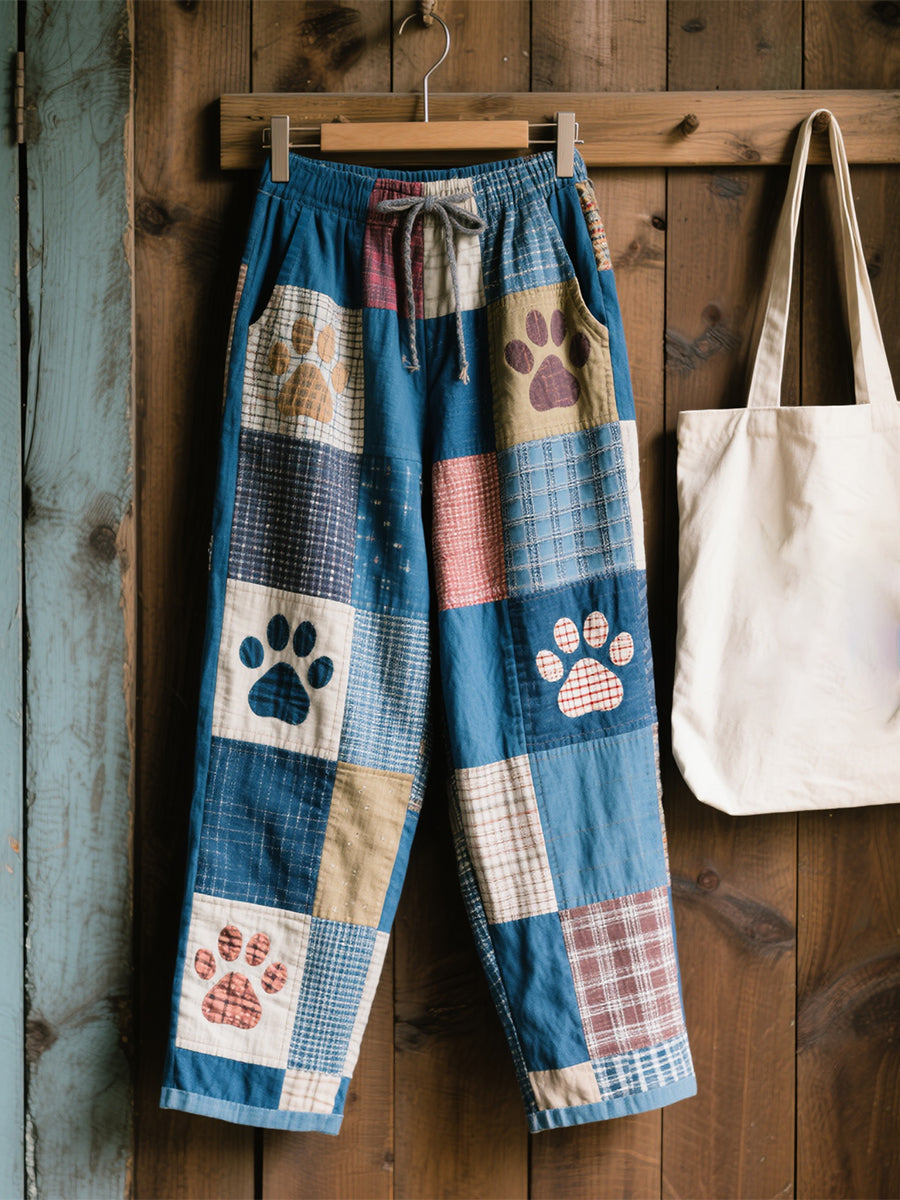 Pantalon en lin artistique, patchwork, avec motif de patte d’animal mignon, pour femme