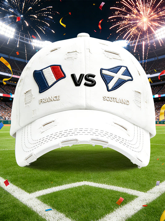 France vs Écosse Rugby Showdown-Casquette décontractée blanche imprimée en détresse