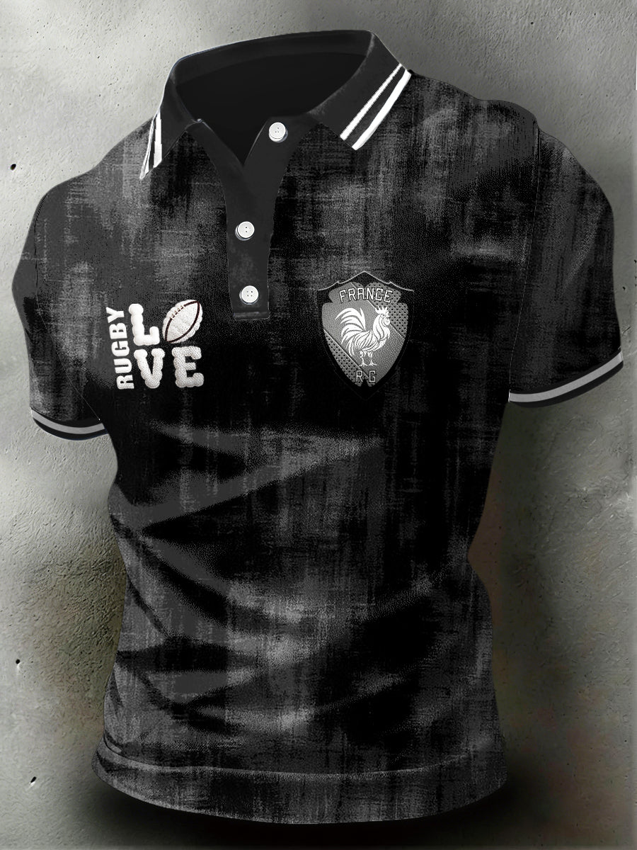 Polo noir décontracté à imprimé coq de rugby français pour homme