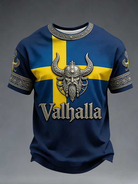 T-shirt imprimé de style viking suédois Valhalla pour hommes