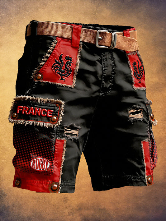 Hommes Français Rugby Vintage Patchwork Distressed Imprimer Mode Workwear Shorts