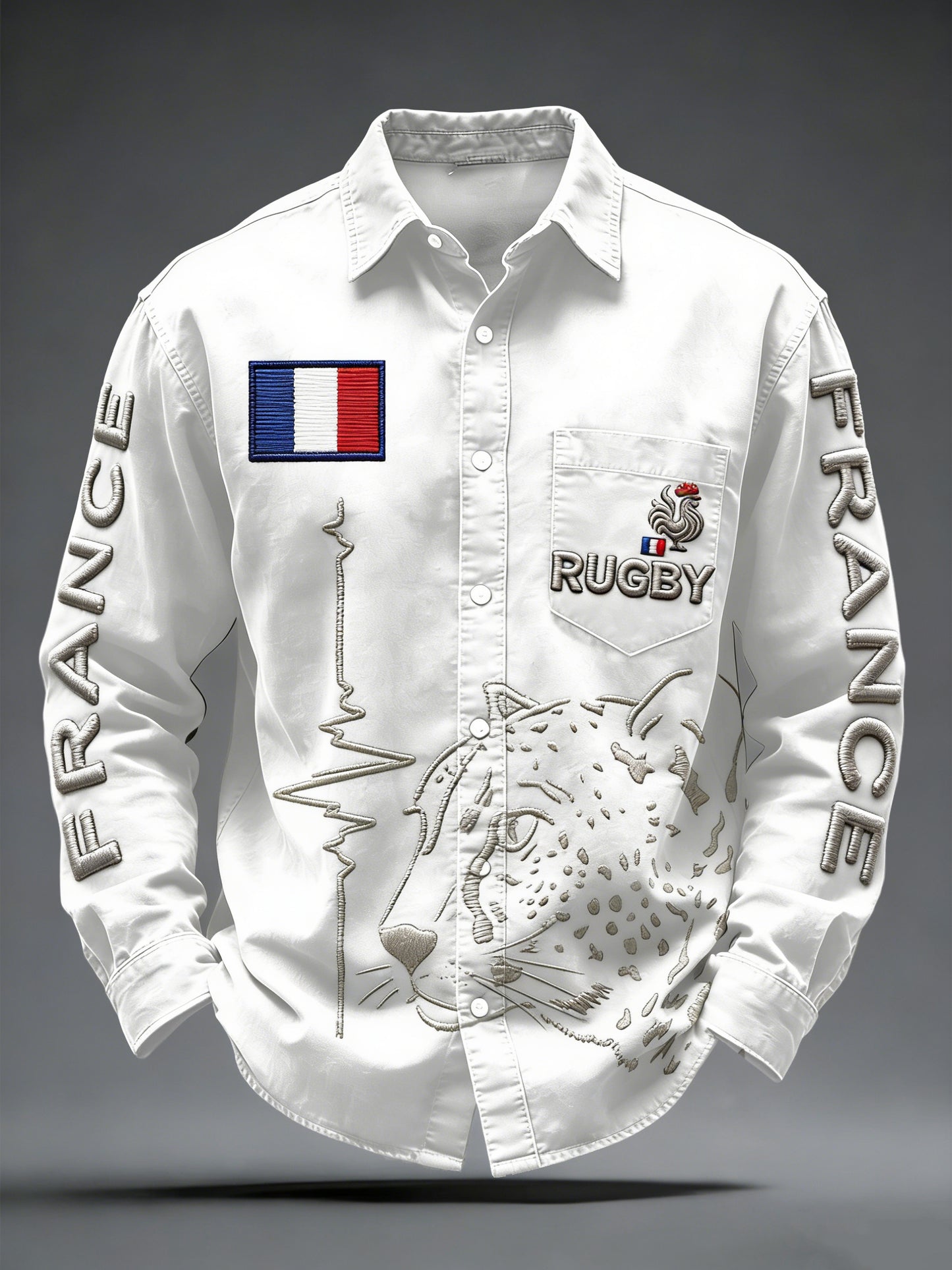 Chemise décontractée blanche à manches longues pour hommes, imprimée en 3D, motif rugby français