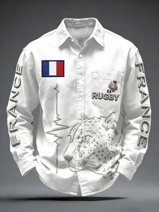 Chemise décontractée blanche à manches longues pour hommes, imprimée en 3D, motif rugby français